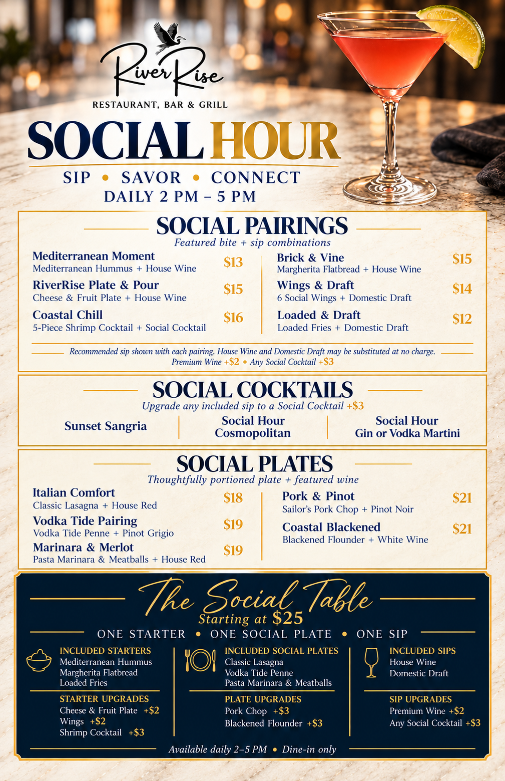 Social Hour menu — Social Pairings, Social Plates, and The Social Table
