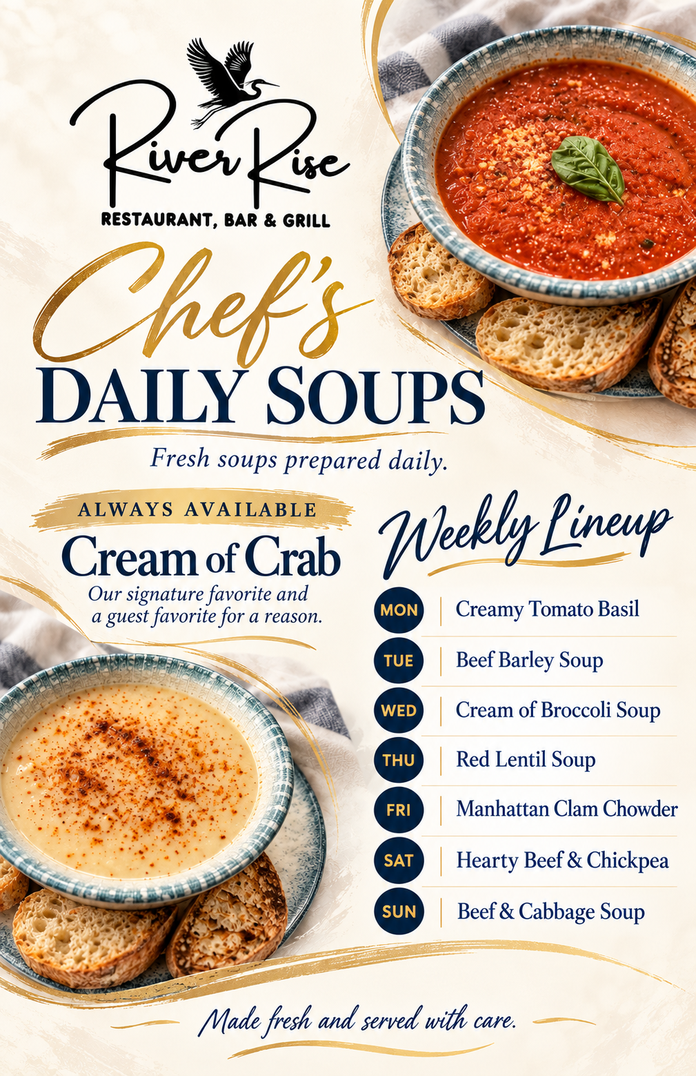 Chef's Daily Soups at RiverRise Restaurant