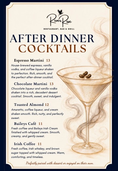 RiverRise After Dinner Cocktails Menu