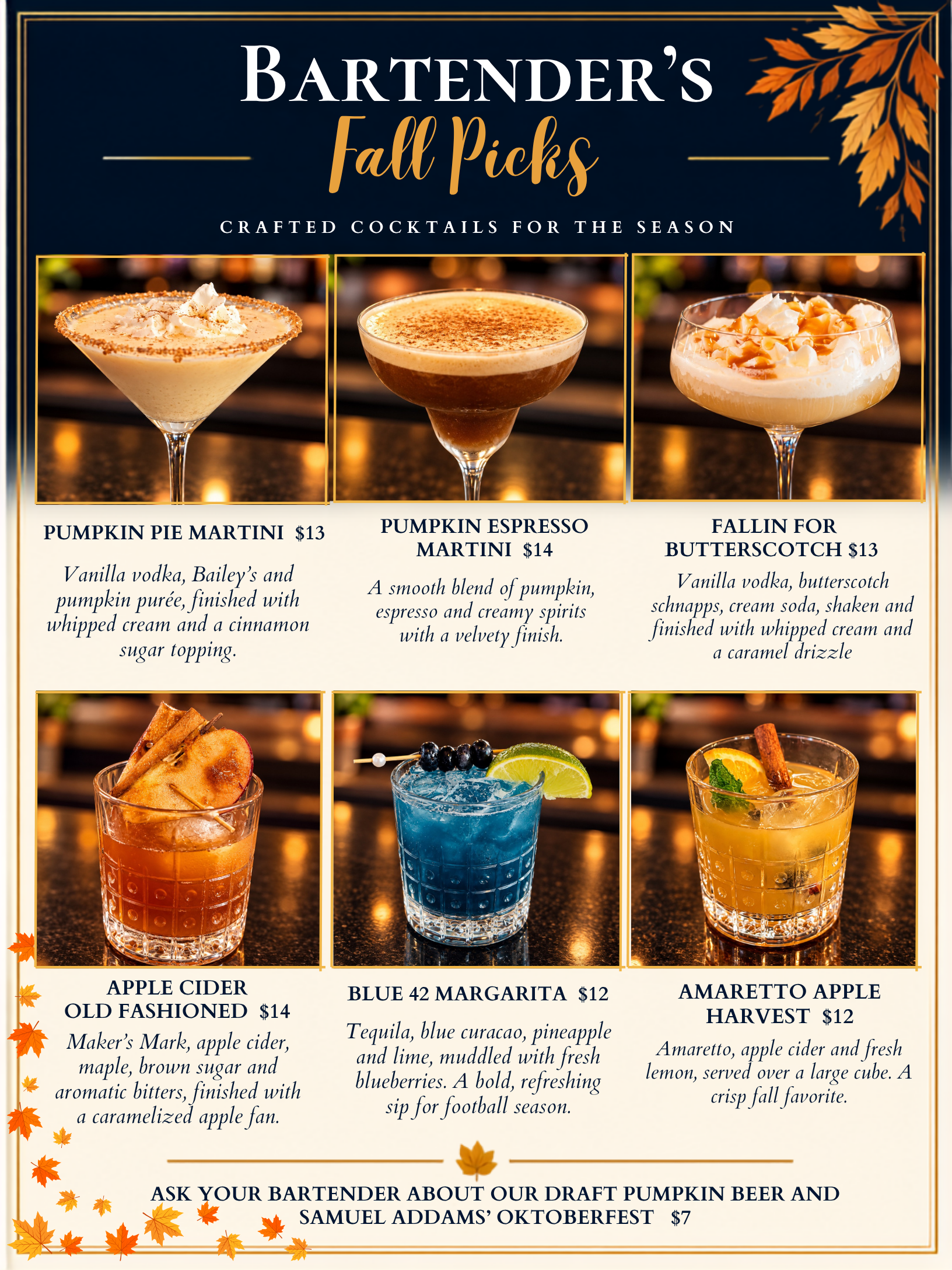 Bartender's Fall Picks — seasonal cocktail menu at RiverRise